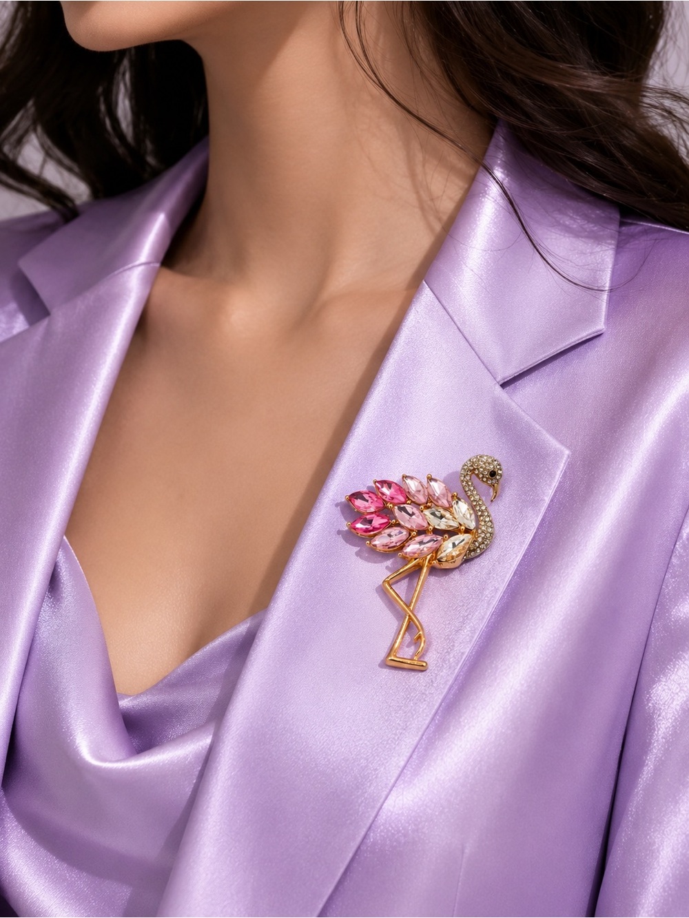 Pink Crystal Flamingo Brooch Pin Gold Tone Rhinestone Statement Bird Jewelry